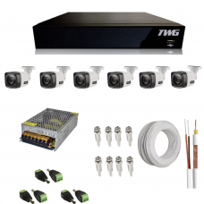Kit 6 Câmeras residenciais + DVR TWG + App Grátis para celular, Câmeras HD 720p 20m Infravermelho de Visão Noturna + Fonte, Cabos e conectores.